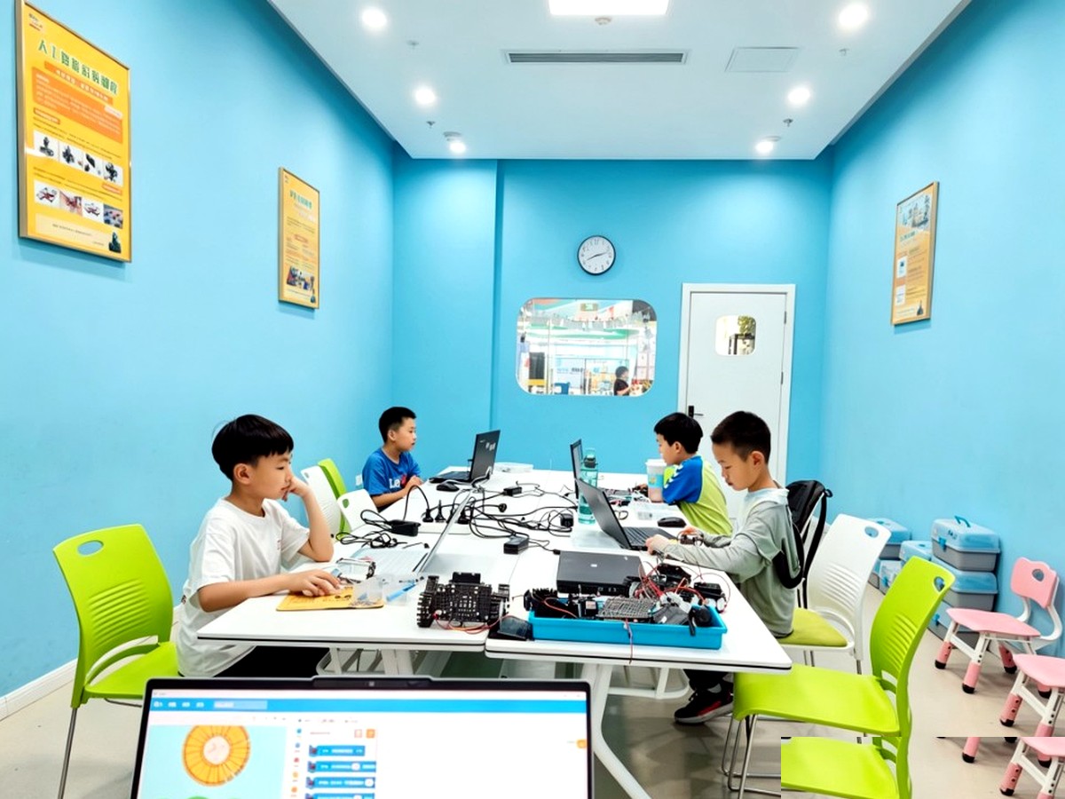 学员在教室协作编程与搭建机器人